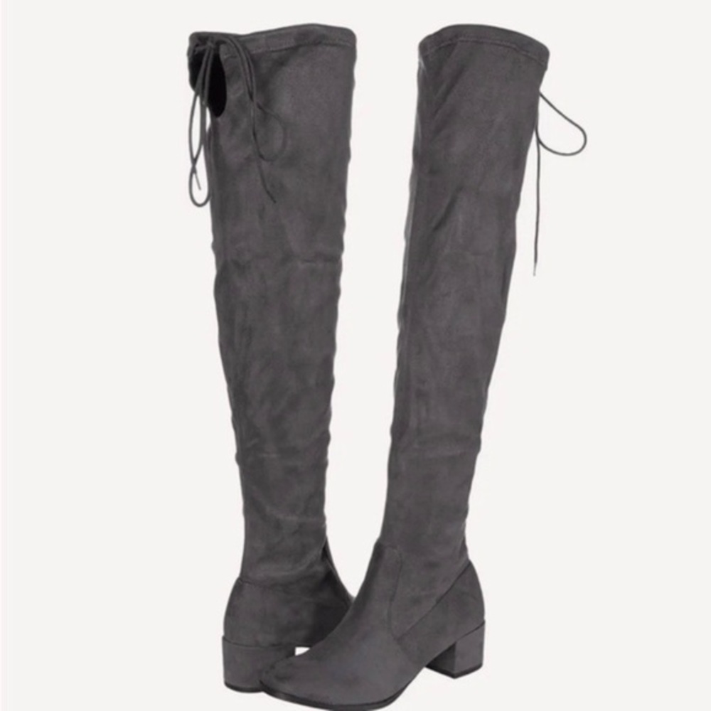 Chinese Laundry Grey Over the Knee Faux Suede Boots 6.5 Block Heel Pull on
